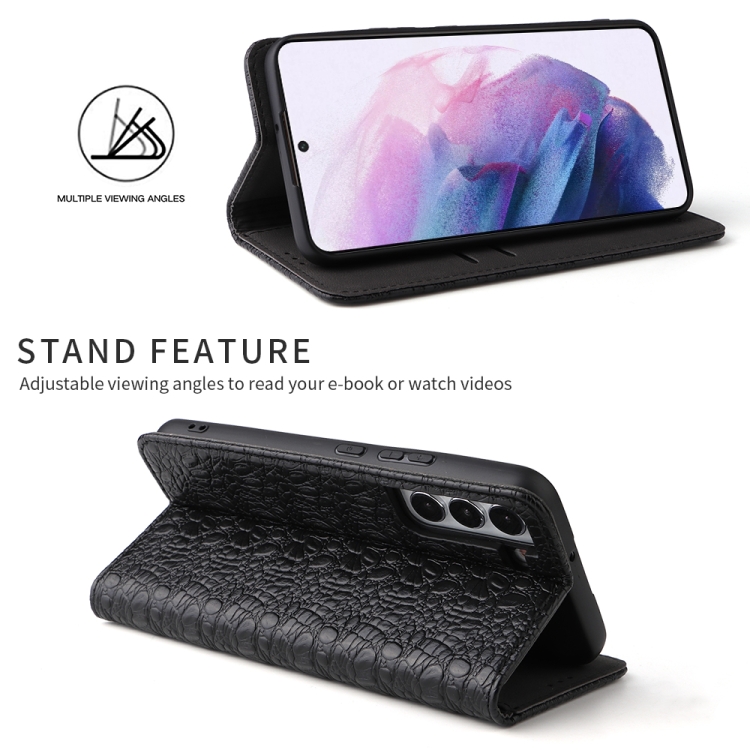 For Samsung Galaxy S22+ 5G Fierre Shann Crocodile Texture Magnetic Genuine Leather Phone Case(Black) For Samsung Galaxy S22+ 5G Fierre Shann Crocodile Texture Magnetic Genuine Leather Phone Case(Black)