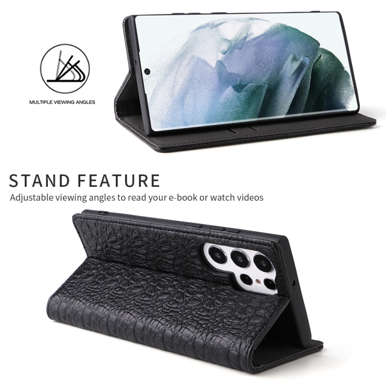 For Samsung Galaxy S22 Ultra 5G Fierre Shann Crocodile Texture Magnetic Genuine Leather Phone Case(Black) For Samsung Galaxy S22 Ultra 5G Fierre Shann Crocodile Texture Magnetic Genuine Leather Phone Case(Black)