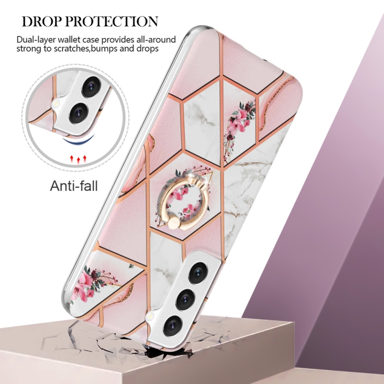 For Samsung Galaxy S22+ 5G Splicing Marble Flower Pattern TPU Ring Holder Case(Pink Flower) For Samsung Galaxy S22+ 5G Splicing Marble Flower Pattern TPU Ring Holder Case(Pink Flower)