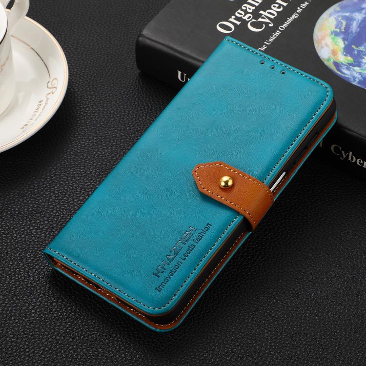 KHAZNEH Dual-color Cowhide Texture Flip Leather Phone Case For iPhone 14 Pro Max(Blue)