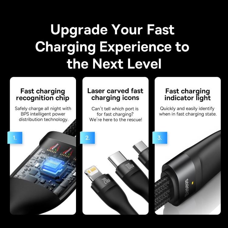 Baseus Flash Series II 1.5m 3 in 1 Type-C to Micro USB + 8 Pin + Type-C 100W Fast Charging Cable(Black)