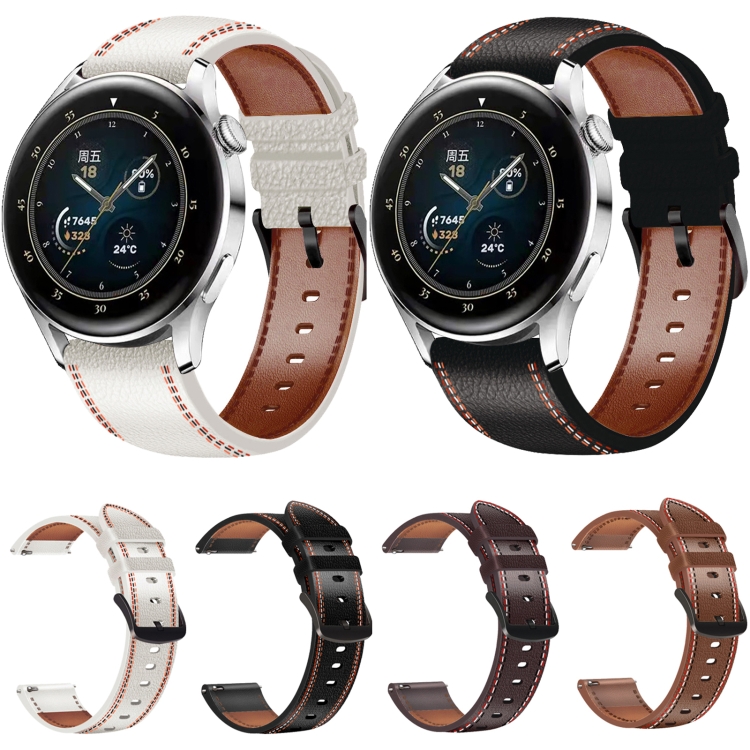 Huawei watch stainless steel with black suture leather clearance strap