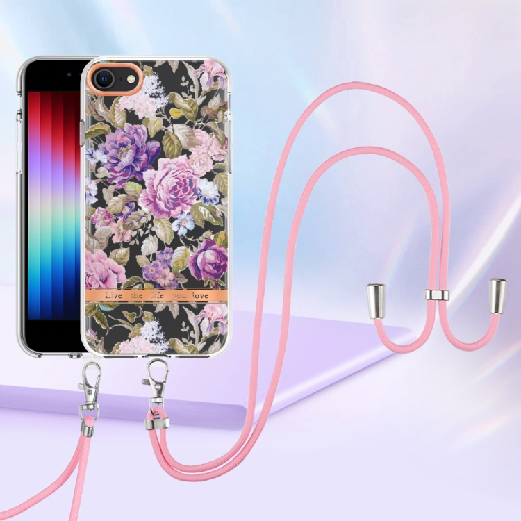 For iPhone SE 2022/SE 2020/8/7 Flowers Series TPU Phone Case with Lanyard(Purple Peony) For iPhone SE 2022/SE 2020/8/7 Flowers Series TPU Phone Case with Lanyard(Purple Peony)
