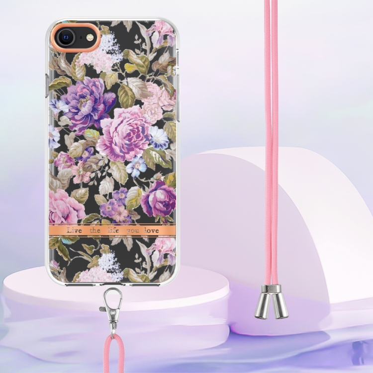 For iPhone SE 2022/SE 2020/8/7 Flowers Series TPU Phone Case with Lanyard(Purple Peony) For iPhone SE 2022/SE 2020/8/7 Flowers Series TPU Phone Case with Lanyard(Purple Peony)