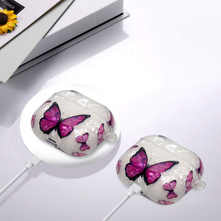 For AirPods Pro Painted Shell Texture Wireless Earphone Case with Lanyard(Purple Butterfly) For AirPods Pro Painted Shell Texture Wireless Earphone Case with Lanyard(Purple Butterfly)