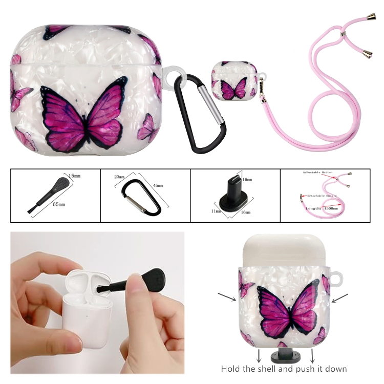 For AirPods Pro Painted Shell Texture Wireless Earphone Case with Lanyard(Purple Butterfly) For AirPods Pro Painted Shell Texture Wireless Earphone Case with Lanyard(Purple Butterfly)