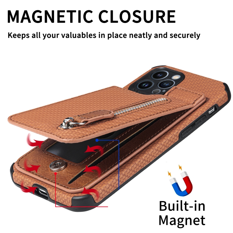 For iPhone 13 mini Carbon Fiber Vertical Flip Zipper Phone Case (Brown) For iPhone 13 mini Carbon Fiber Vertical Flip Zipper Phone Case (Brown)