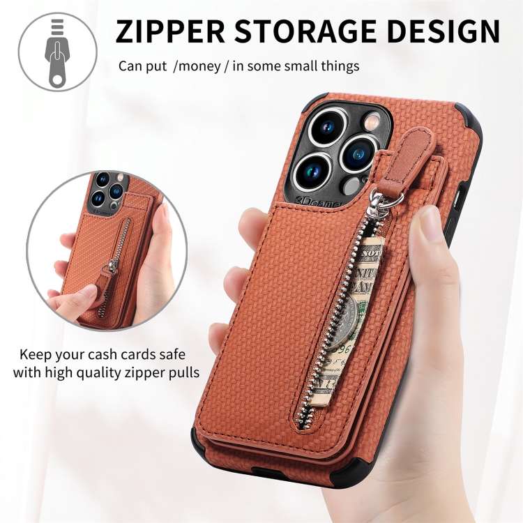 For iPhone 13 mini Carbon Fiber Vertical Flip Zipper Phone Case (Brown) For iPhone 13 mini Carbon Fiber Vertical Flip Zipper Phone Case (Brown)