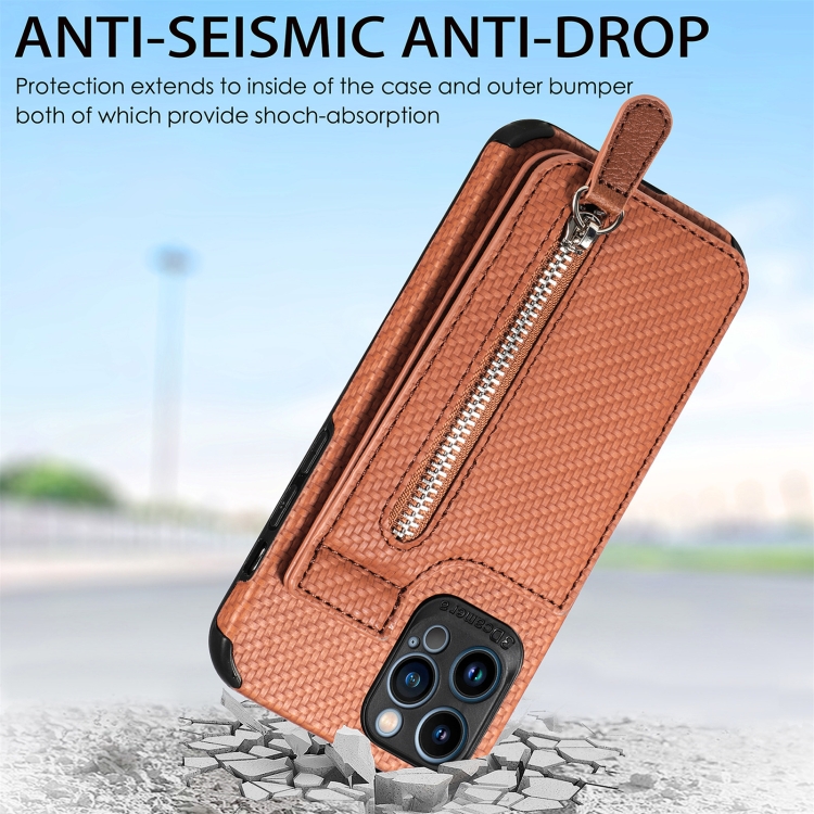 For iPhone 13 mini Carbon Fiber Vertical Flip Zipper Phone Case (Brown) For iPhone 13 mini Carbon Fiber Vertical Flip Zipper Phone Case (Brown)