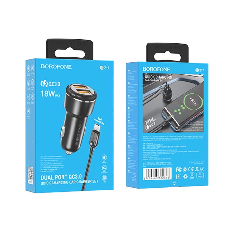 Borofone BZ17 Dual USB Ports QC3.0 Car Charger with Micro USB Charging Cable(Black) Borofone BZ17 Dual USB Ports QC3.0 Car Charger with Micro USB Charging Cable(Black)
