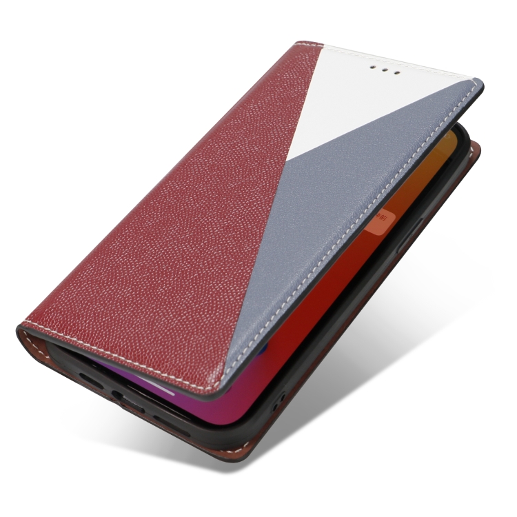 For iPhone 13 3-Splicing Flip Microfiber Leather Phone Case(Red Blue) For iPhone 13 3-Splicing Flip Microfiber Leather Phone Case(Red Blue)