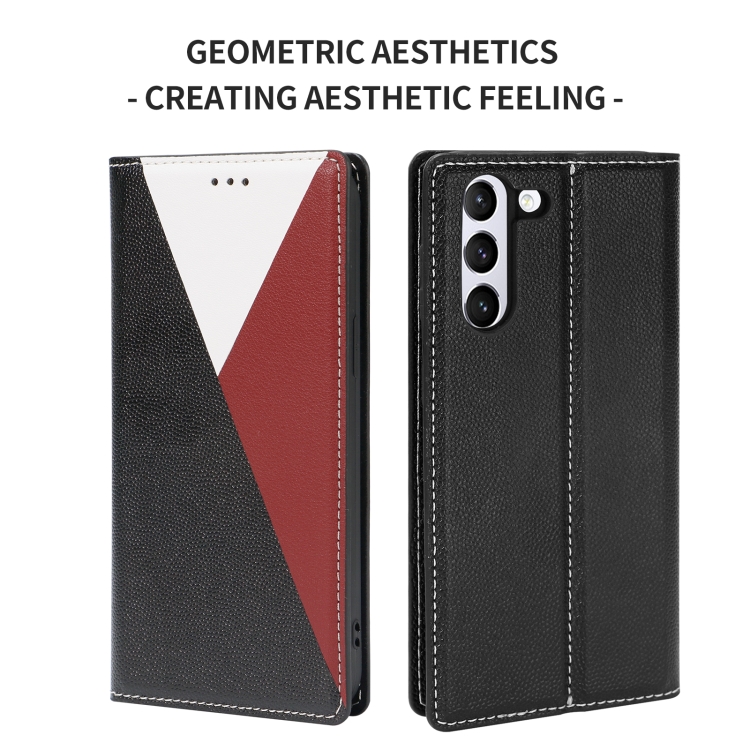 For Samsung Galaxy S21 5G 3-Splicing Flip Microfiber Leather Phone Case(Black Red)