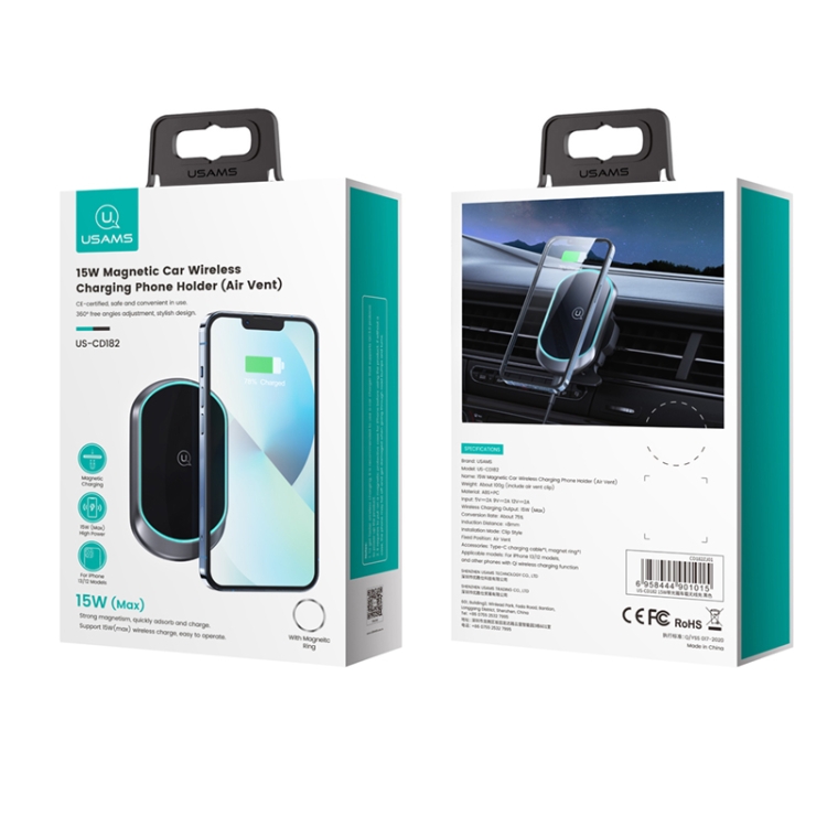 USAMS US-CD182 15W Magnetic Wireless Charging Car Phone Holder(Black) USAMS US-CD182 15W Magnetic Wireless Charging Car Phone Holder(Black)