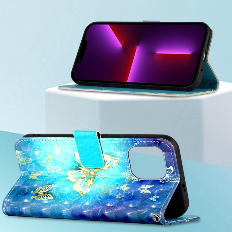 For iPhone 14 Plus 3D Painting Horizontal Flip Leather Phone Case (Golden Butterfly)
