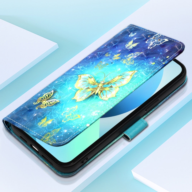 For iPhone 14 Plus 3D Painting Horizontal Flip Leather Phone Case (Golden Butterfly)