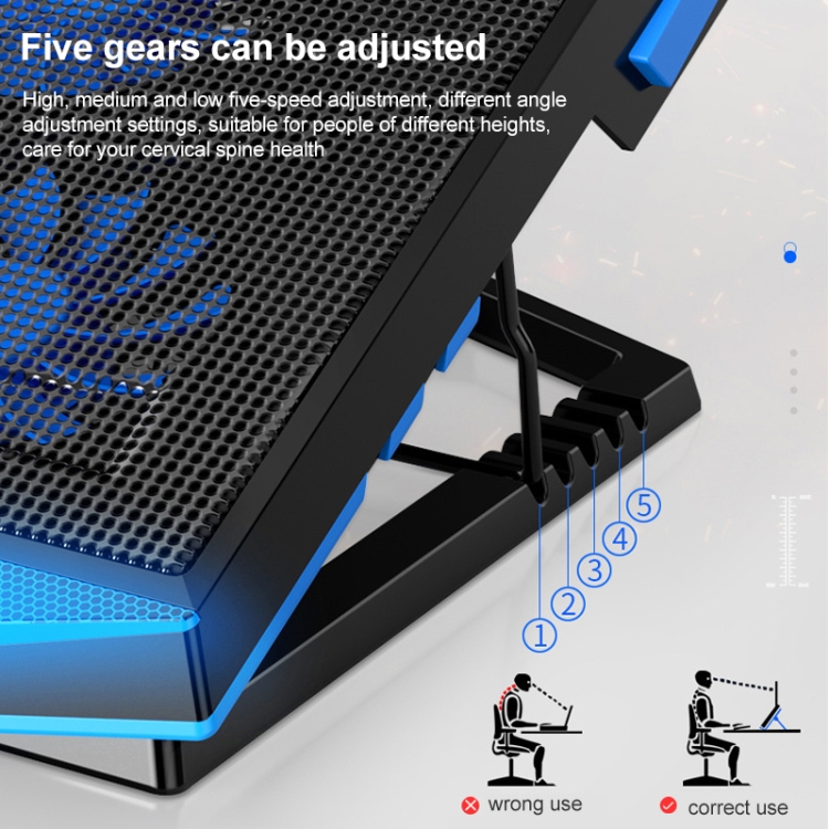 5 Fan 2 USB Lifting Folding Laptop Cooling Stand(Black Blue) - B4