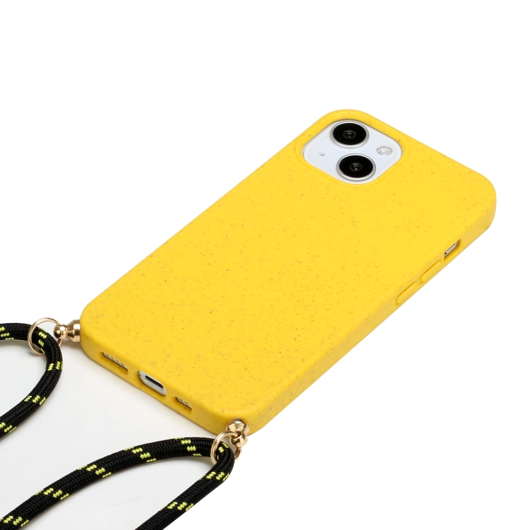 For iPhone 14 Wheat Straw Material + TPU Protective Case with Lanyard (Yellow) For iPhone 14 Wheat Straw Material + TPU Protective Case with Lanyard (Yellow)