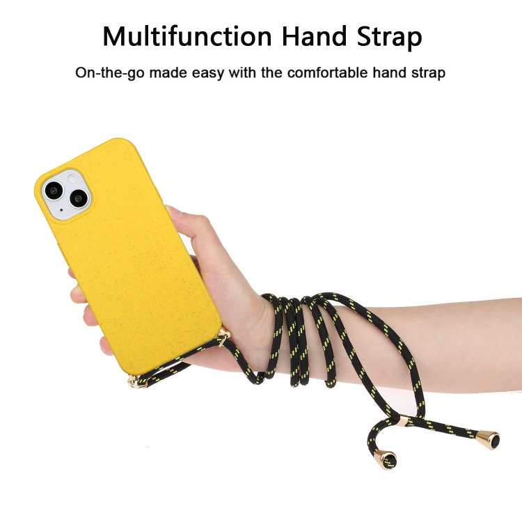 For iPhone 14 Wheat Straw Material + TPU Protective Case with Lanyard (Yellow) For iPhone 14 Wheat Straw Material + TPU Protective Case with Lanyard (Yellow)