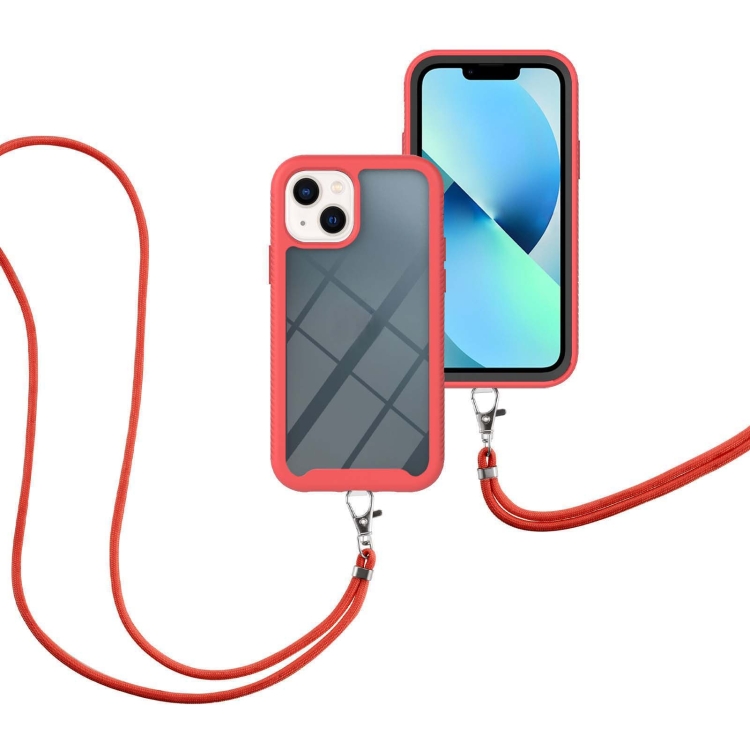 Starry Sky Solid Color Series Shockproof PC + TPU Phone Case with Neck Strap For iPhone 14 Max(Red)