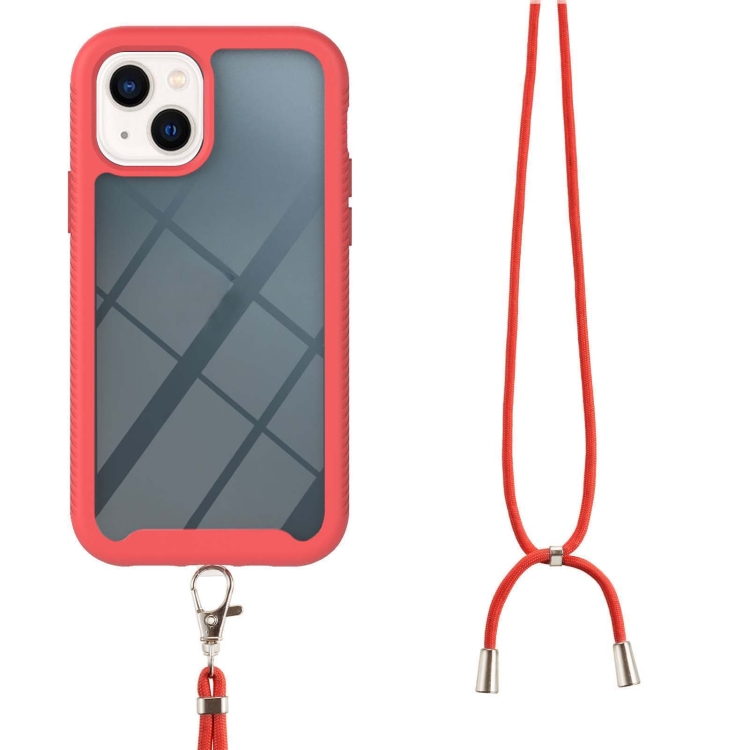Starry Sky Solid Color Series Shockproof PC + TPU Phone Case with Neck Strap For iPhone 14 Max(Red)