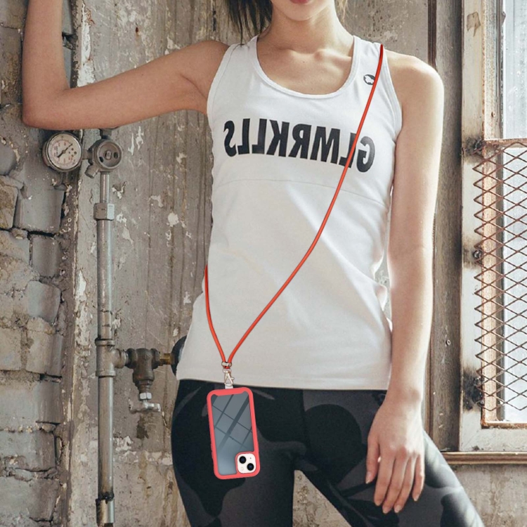 Starry Sky Solid Color Series Shockproof PC + TPU Phone Case with Neck Strap For iPhone 14 Max(Red)