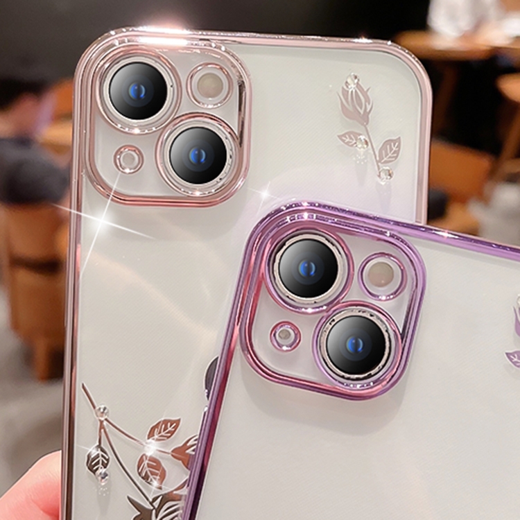 For iPhone 14 Pro Rose Pattern Electroplating Silicone Phone Case(Purple) For iPhone 14 Pro Rose Pattern Electroplating Silicone Phone Case(Purple)