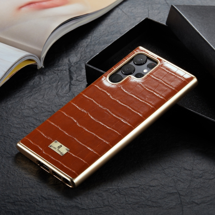 For Samsung Galaxy S22 5G Fierre Shann Crocodile Texture Electroplating PU Phone Case(Brown) For Samsung Galaxy S22 5G Fierre Shann Crocodile Texture Electroplating PU Phone Case(Brown)