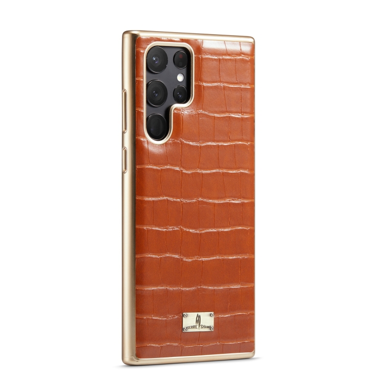For Samsung Galaxy S22 5G Fierre Shann Crocodile Texture Electroplating PU Phone Case(Brown) For Samsung Galaxy S22 5G Fierre Shann Crocodile Texture Electroplating PU Phone Case(Brown)