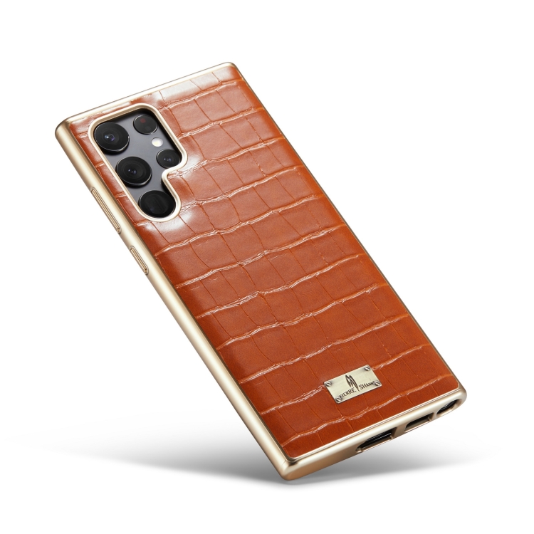 For Samsung Galaxy S22 5G Fierre Shann Crocodile Texture Electroplating PU Phone Case(Brown) For Samsung Galaxy S22 5G Fierre Shann Crocodile Texture Electroplating PU Phone Case(Brown)