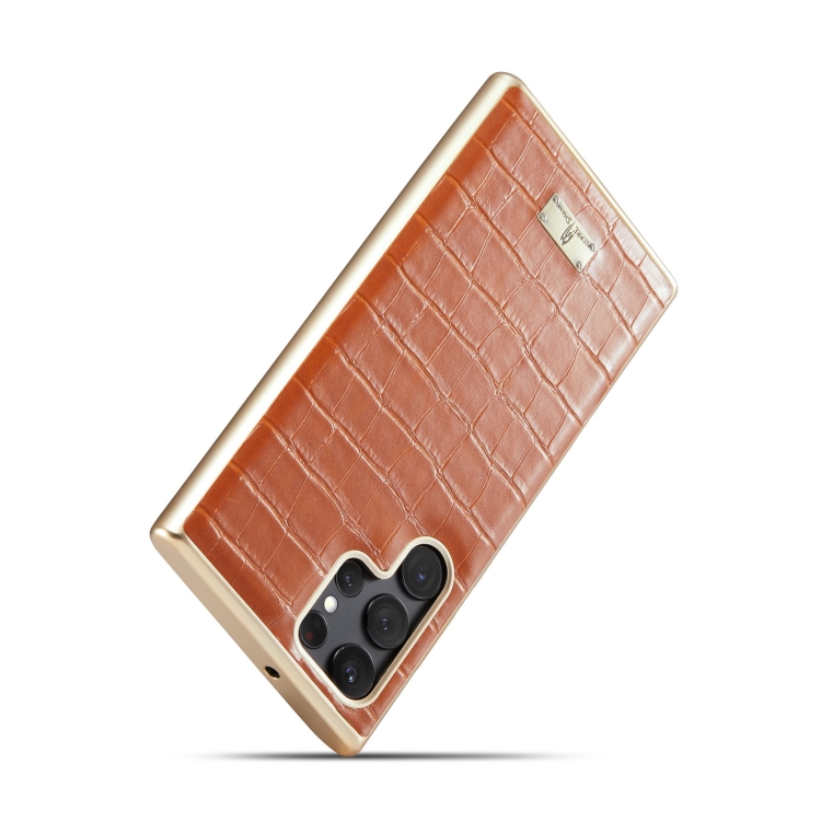 For Samsung Galaxy S22 5G Fierre Shann Crocodile Texture Electroplating PU Phone Case(Brown) For Samsung Galaxy S22 5G Fierre Shann Crocodile Texture Electroplating PU Phone Case(Brown)