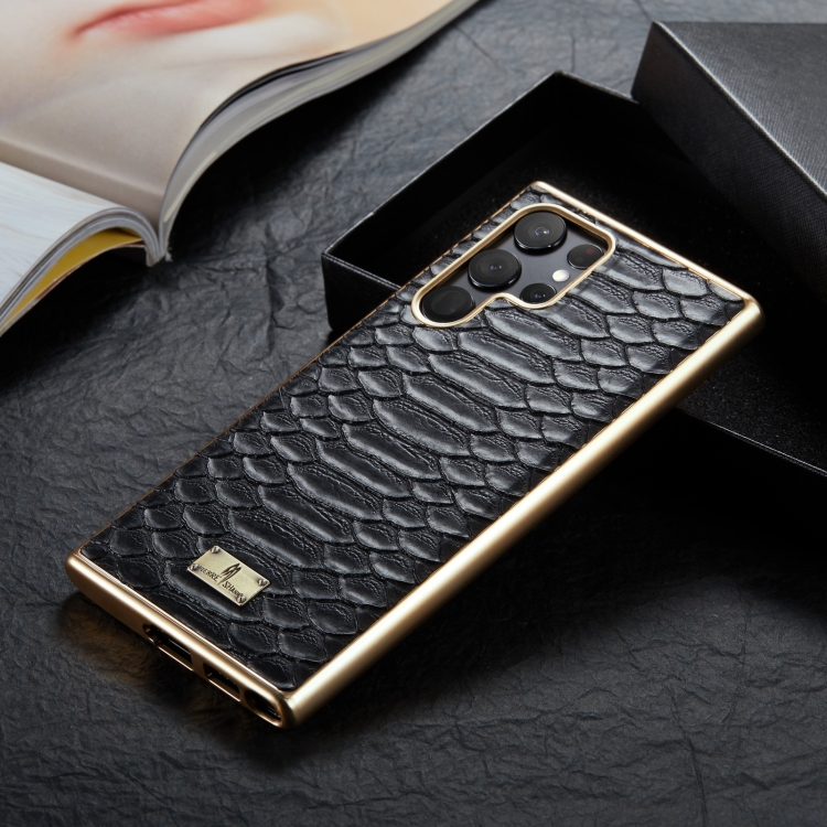 For Samsung Galaxy S22 5G Fierre Shann Python Texture Electroplating PU Phone Case(Black) For Samsung Galaxy S22 5G Fierre Shann Python Texture Electroplating PU Phone Case(Black)