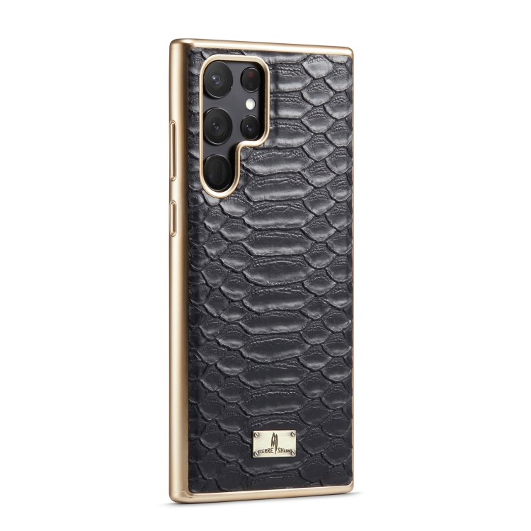 For Samsung Galaxy S22 5G Fierre Shann Python Texture Electroplating PU Phone Case(Black) For Samsung Galaxy S22 5G Fierre Shann Python Texture Electroplating PU Phone Case(Black)