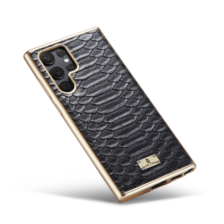 For Samsung Galaxy S22 5G Fierre Shann Python Texture Electroplating PU Phone Case(Black) For Samsung Galaxy S22 5G Fierre Shann Python Texture Electroplating PU Phone Case(Black)