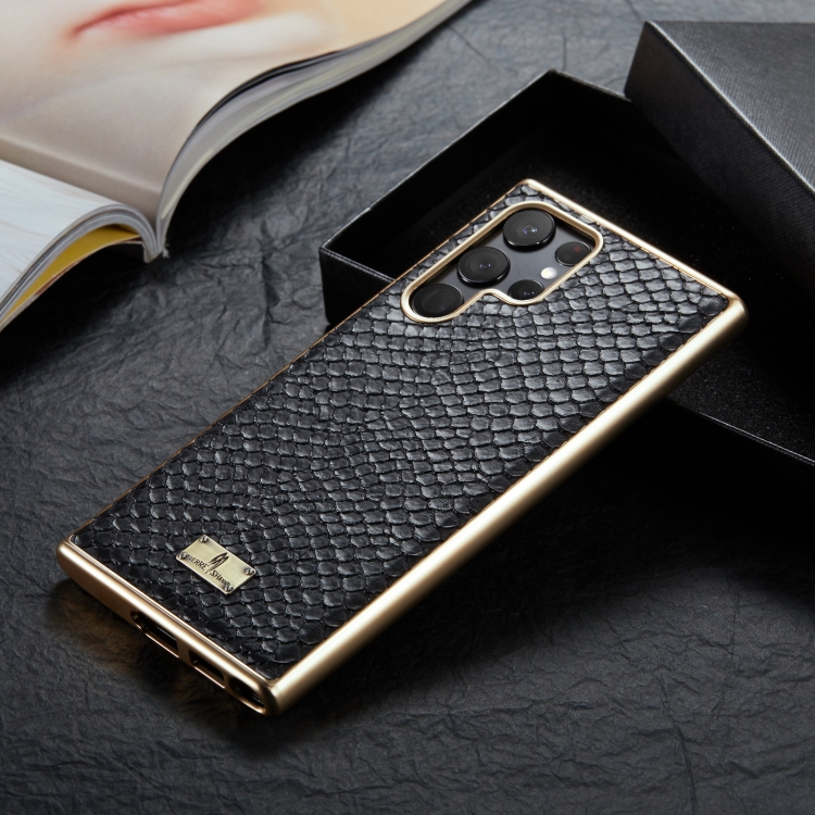 For Samsung Galaxy S22 5G Fierre Shann Snake Texture Electroplating PU Phone Case(Black) For Samsung Galaxy S22 5G Fierre Shann Snake Texture Electroplating PU Phone Case(Black)