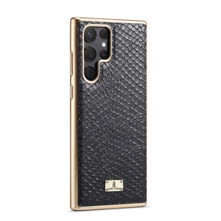 For Samsung Galaxy S22 5G Fierre Shann Snake Texture Electroplating PU Phone Case(Black) For Samsung Galaxy S22 5G Fierre Shann Snake Texture Electroplating PU Phone Case(Black)