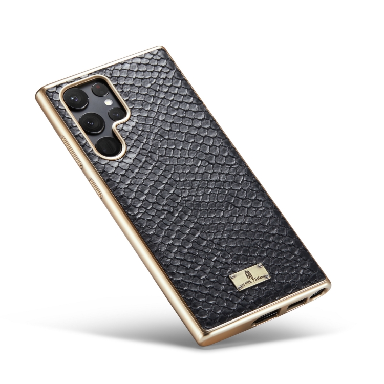 For Samsung Galaxy S22 5G Fierre Shann Snake Texture Electroplating PU Phone Case(Black) For Samsung Galaxy S22 5G Fierre Shann Snake Texture Electroplating PU Phone Case(Black)