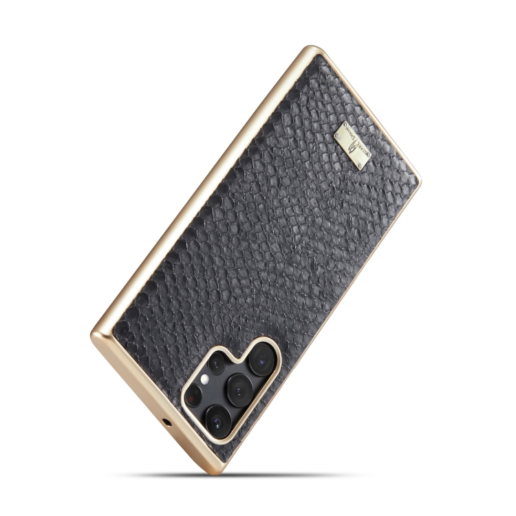 For Samsung Galaxy S22 5G Fierre Shann Snake Texture Electroplating PU Phone Case(Black) For Samsung Galaxy S22 5G Fierre Shann Snake Texture Electroplating PU Phone Case(Black)