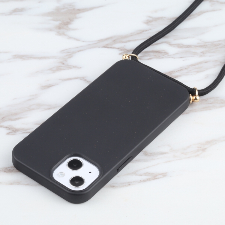 For iPhone 14 Wheat Straw Material + TPU Shockproof Phone Case with Neck Lanyard (Black) For iPhone 14 Wheat Straw Material + TPU Shockproof Phone Case with Neck Lanyard (Black)