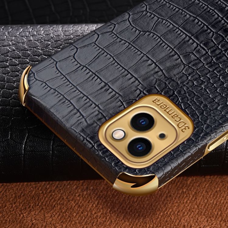 For iPhone 14 6D Electroplating Crocodile Texture Phone Case With Holder (Black) For iPhone 14 6D Electroplating Crocodile Texture Phone Case With Holder (Black)
