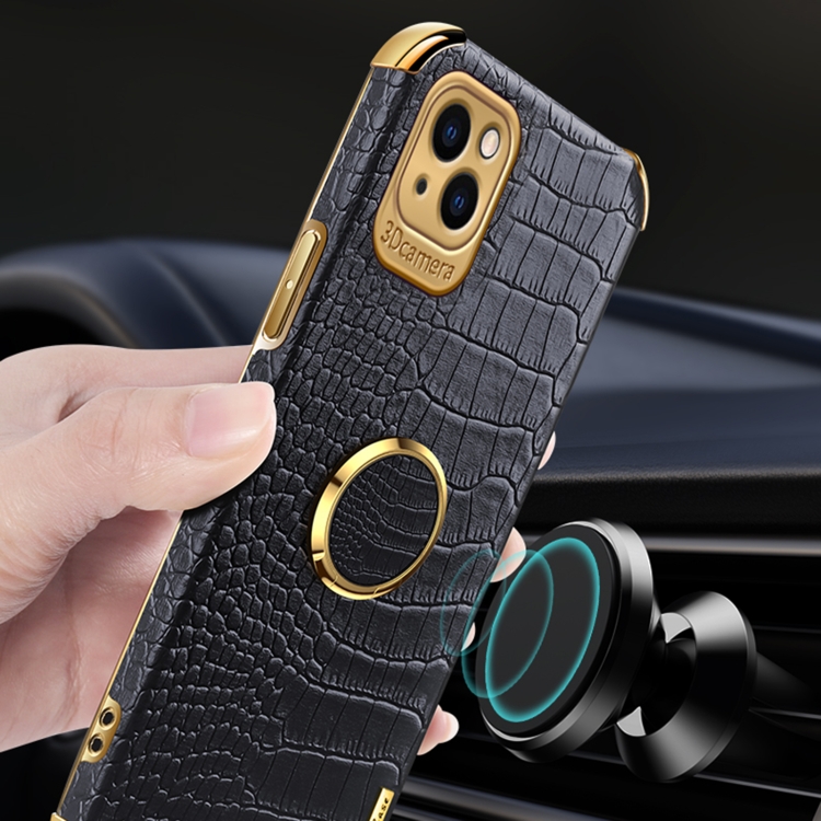 For iPhone 14 6D Electroplating Crocodile Texture Phone Case With Holder (Black) For iPhone 14 6D Electroplating Crocodile Texture Phone Case With Holder (Black)