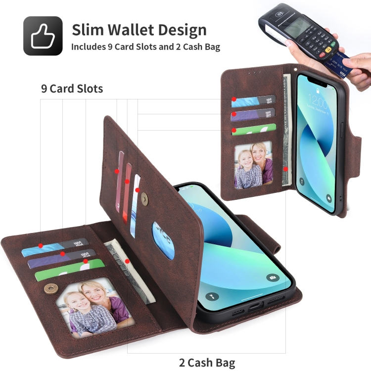 For iPhone 14 Plus POLA 9 Card-slot Oil Side Leather Phone Case (Brown) For iPhone 14 Plus POLA 9 Card-slot Oil Side Leather Phone Case (Brown)
