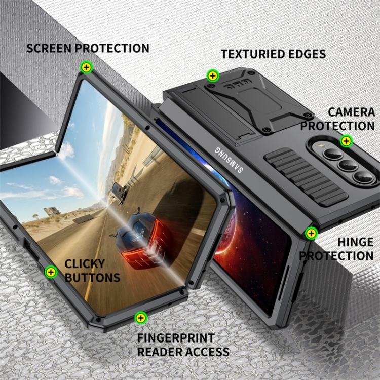 For Samsung Galaxy Z Fold4 Metal Shock-proof Phone Case With Holder(Black) For Samsung Galaxy Z Fold4 Metal Shock-proof Phone Case With Holder(Black)