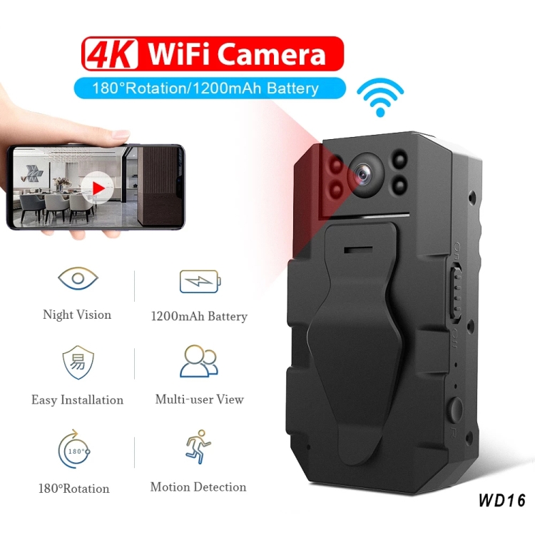 WD16 Mini HD WiFi Cámara Grabadora de 180 grados con clip trasero (Negro) - 5