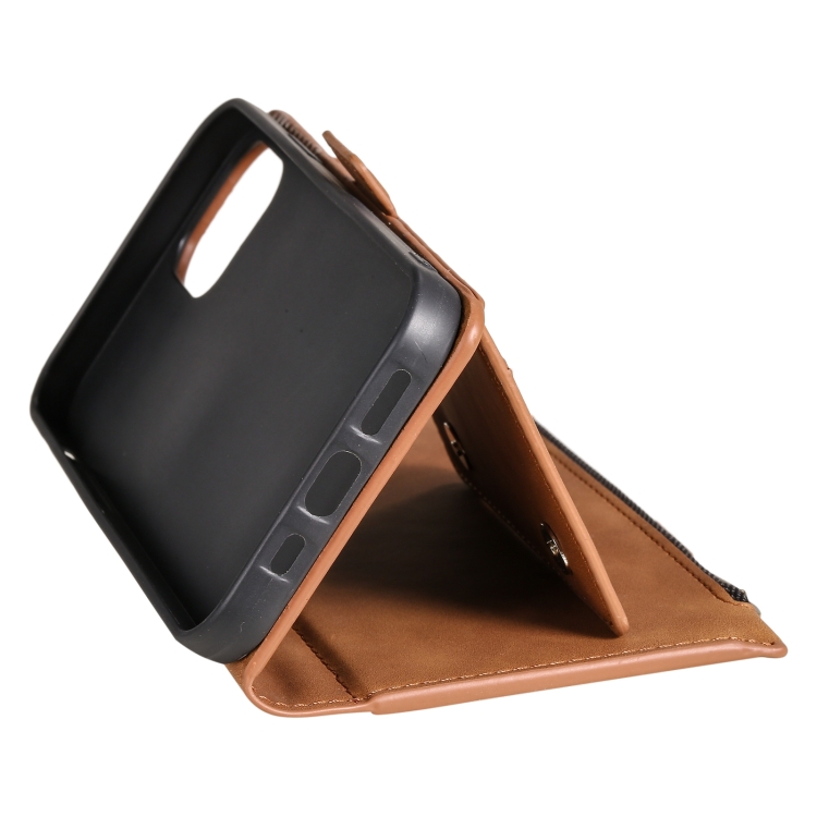 For iPhone 14 Zipper Card Leather Phone Case (Brown) For iPhone 14 Zipper Card Leather Phone Case (Brown)