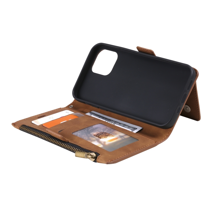For iPhone 14 Zipper Card Leather Phone Case (Brown) For iPhone 14 Zipper Card Leather Phone Case (Brown)