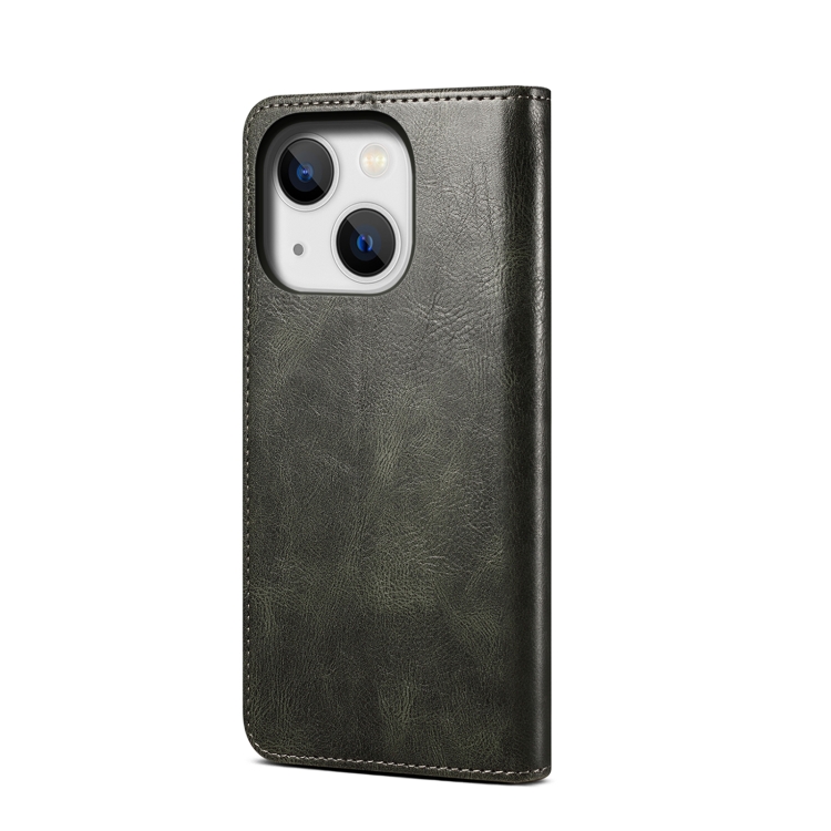 For iPhone 14 Plus Simple Wax Crazy Horse Texture Horizontal Flip Leather Case (Dark Green)