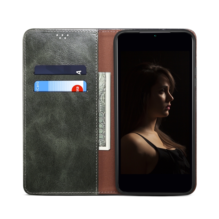 For iPhone 14 Plus Simple Wax Crazy Horse Texture Horizontal Flip Leather Case (Dark Green)