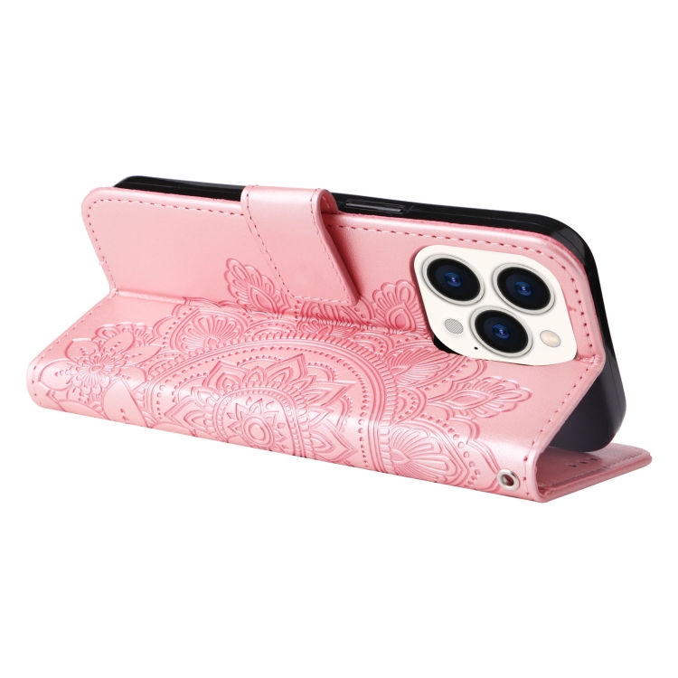 For iPhone 14 Pro 7-petal Flowers Embossing Leather Case(Rose Gold) For iPhone 14 Pro 7-petal Flowers Embossing Leather Case(Rose Gold)