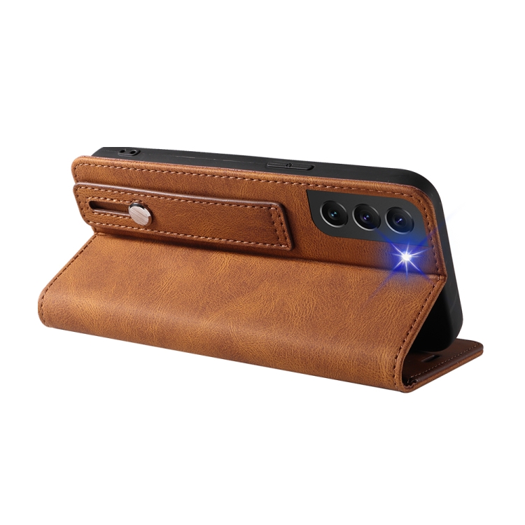 For Samsung Galaxy S22+ 5G Wristband Magnetic Leather Phone Case(Brown) For Samsung Galaxy S22+ 5G Wristband Magnetic Leather Phone Case(Brown)