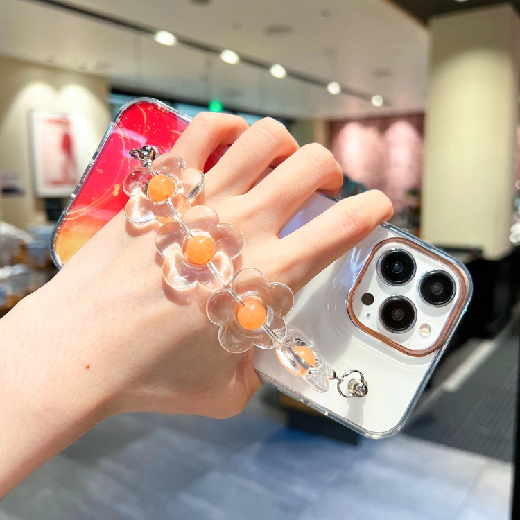 iPhone 14 Plus용 골드 헤일로 마블 패턴 케이스와 플라워 팔찌(핑크)